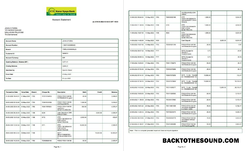İndir Hindistan KVB Banka Hesap Özeti 2 pages Örnek tasarım