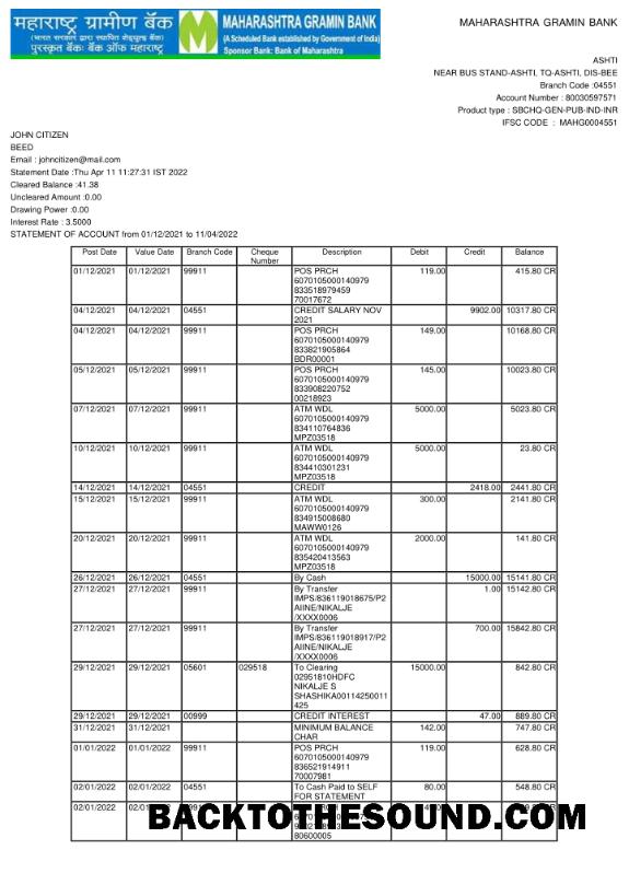 Gerçekçi İndir Hindistan Maharashtra Banka Hesap Özeti Şablon, Word and PDF Format, 2 pages Örnek