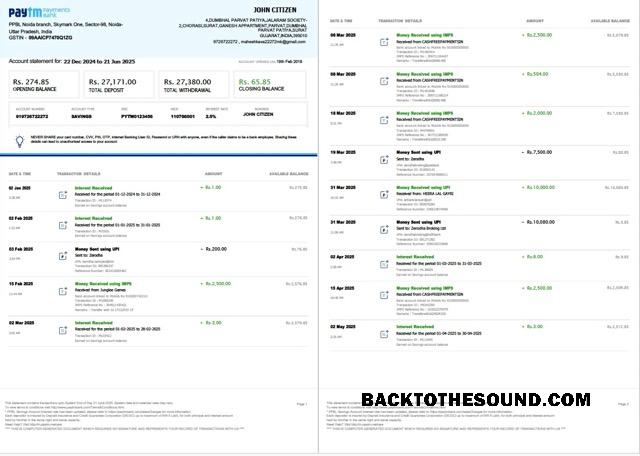 Düzenlenebilir İndir Hindistan PayTM Payments Banka Hesap Hesap Özeti Word and PDF Şablon, 3 pages, 1 2 pages Örnek