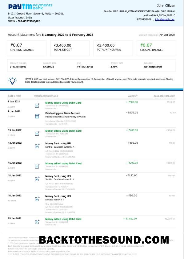 Profesyonel İndir Hindistan Paytm Payments Banka Hesap Özeti Word and PDF Şablon, 2 pages, Sürüm 2 Örnek