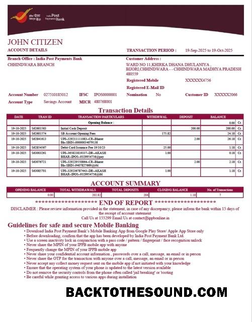 İndir Hindistan Post Payments Banka Hesap Hesap Özeti Word and PDF Örnek taslak