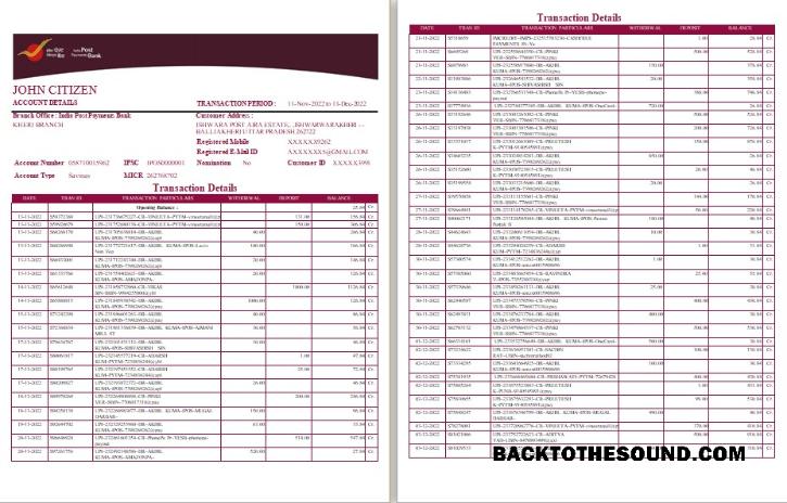Yüksek Kalite İndir Hindistan Post Payments Banka Hesap Özeti Şablon, Word and PDF Format, 4 pages Örnek
