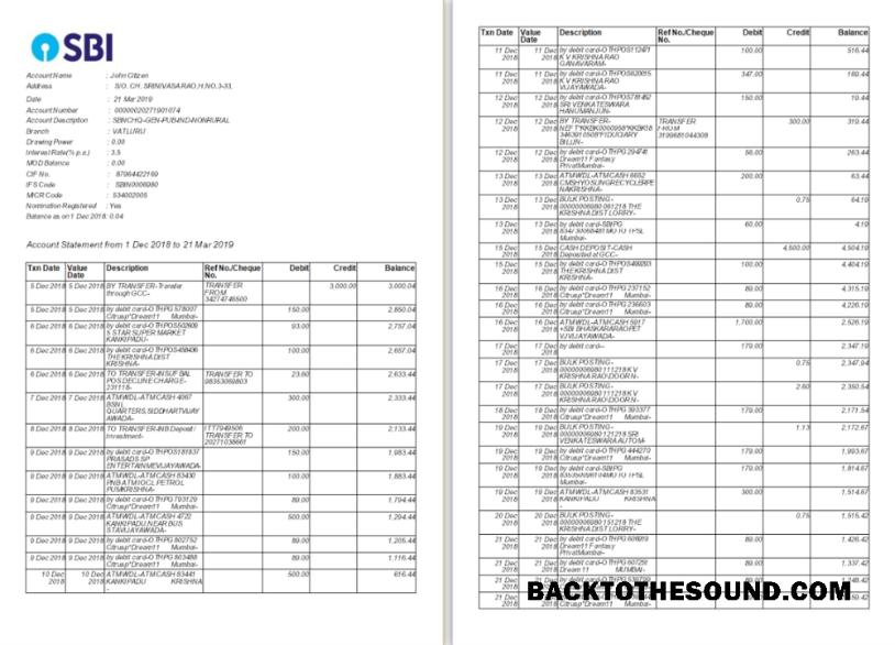 Gerçekçi İndir Hindistan SBI Banka Hesap Özeti Word and PDF Şablon, 2 pages Örnek