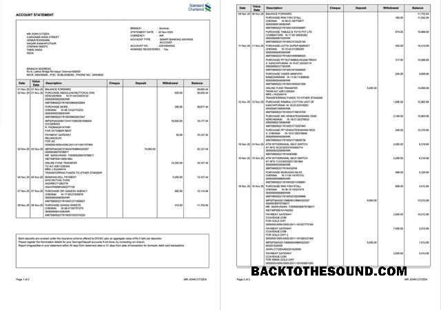 Yüksek Kalite İndir Hindistan standart Chartered Banka Hesap Hesap Özeti Word and PDF Şablon, 2 pages, Sürüm 2 Örnek