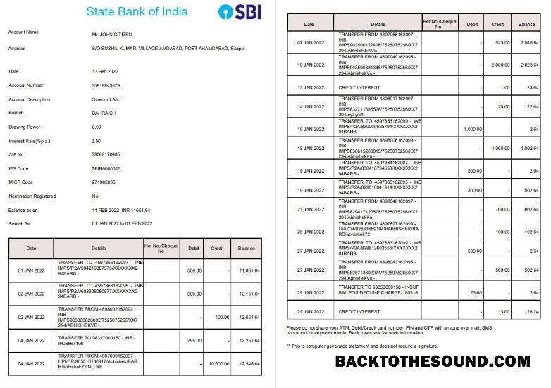 İndir Hindistan State Banka of Hindistan (SBI) Banka Hesap Özeti 2 pages Örnek tasarım