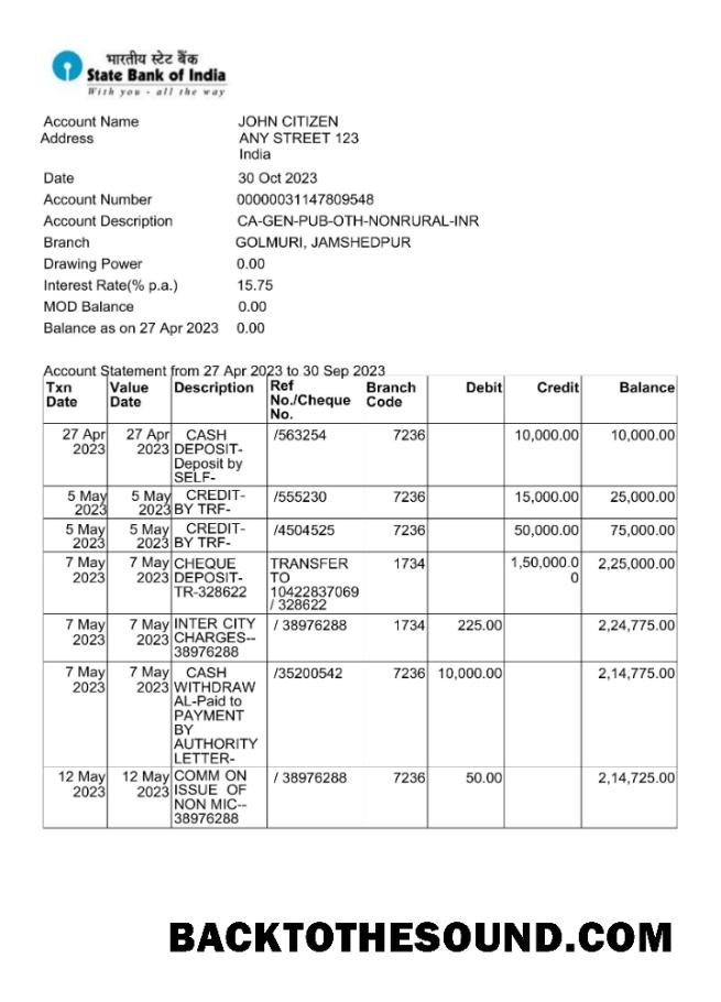 İndir Hindistan State Banka of Inida Banka Hesap Özeti Word and PDF scr Örnek ön izleme