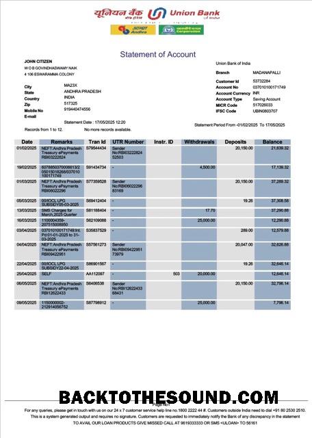 Premium İndir Hindistan birlik Banka Hesap Hesap Özeti Word and PDF Şablon, Sürüm 2 Örnek