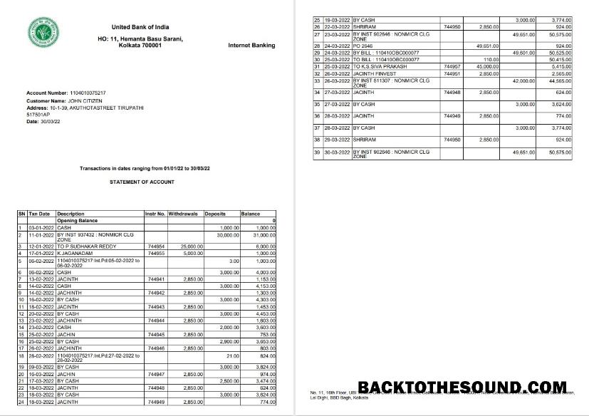 İndir Hindistan birleşik Banka of Hindistan Hesap Özeti 2 pages Örnek ön izleme