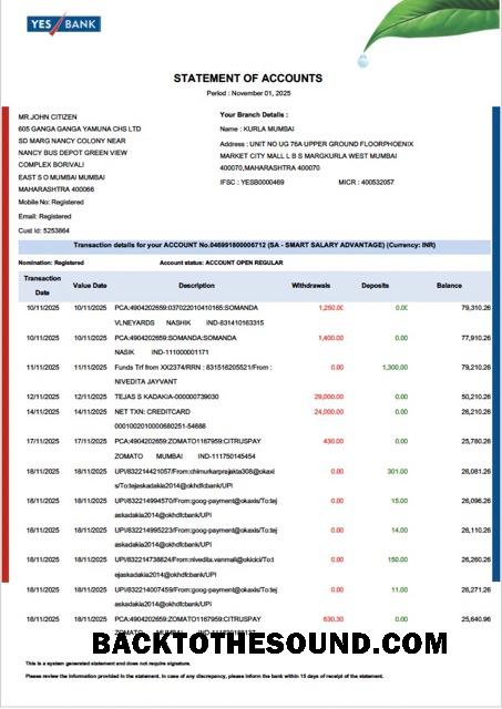 İndir Hindistan YES Banka Hesap Özeti of Hesap Word and PDF Örnek şablon