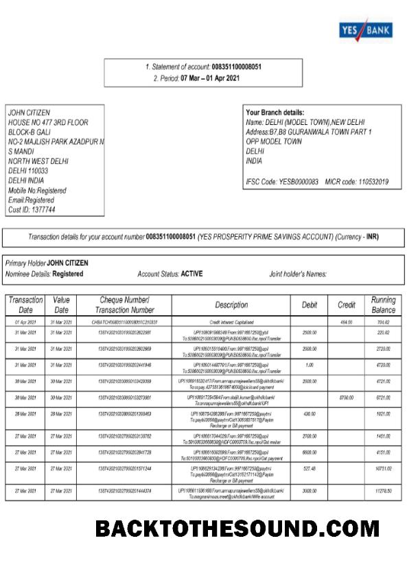 Gerçekçi İndir Hindistan Yes Banka Hesap Özeti Word and PDF Şablon, 2 pages scr Örnek