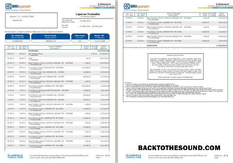 Premium İndir Endonezya BRIsyariah Banka Hesap Özeti Şablon, Word and PDF Format, 2 pages Örnek