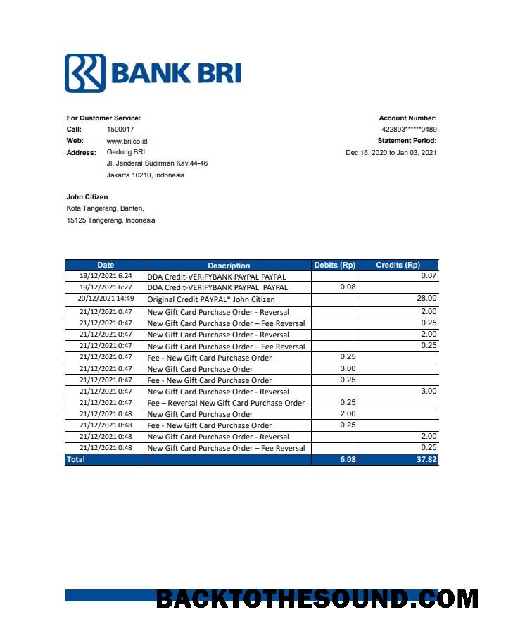 İndir Endonezya Banka Rakyat Endonezya (BRI) Banka Hesap Özeti in .XLS and .PDF Dosya Format Örnek ön izleme