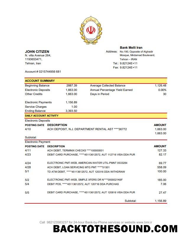 İndir İran Melli Banka Hesap Özeti in .XLS and .PDF Dosya Format Örnek taslak