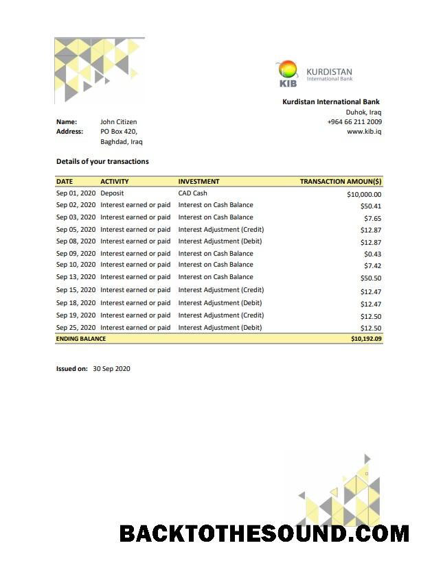 İndir Irak Kurdistan uluslararası Banka proof of address Hesap Özeti in Excel and PDF Format Örnek ön izleme