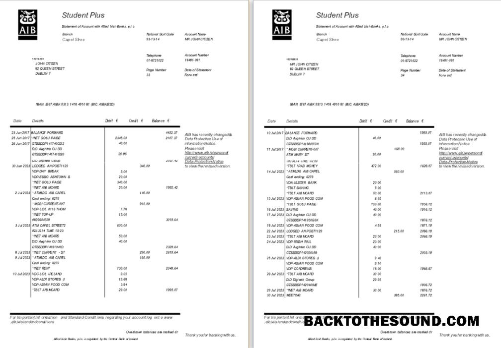 Yüksek Kalite İndir İrlanda AIB Banka Hesap Özeti Şablon, Word and PDF Format, 6 pages Örnek