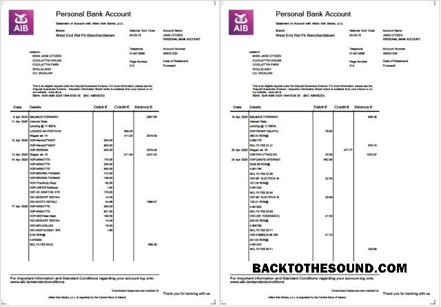 Profesyonel İndir İrlanda Allied Irish Banks (AIB) Hesap Özeti of Hesap Word and PDF Şablon, 2 pages Örnek