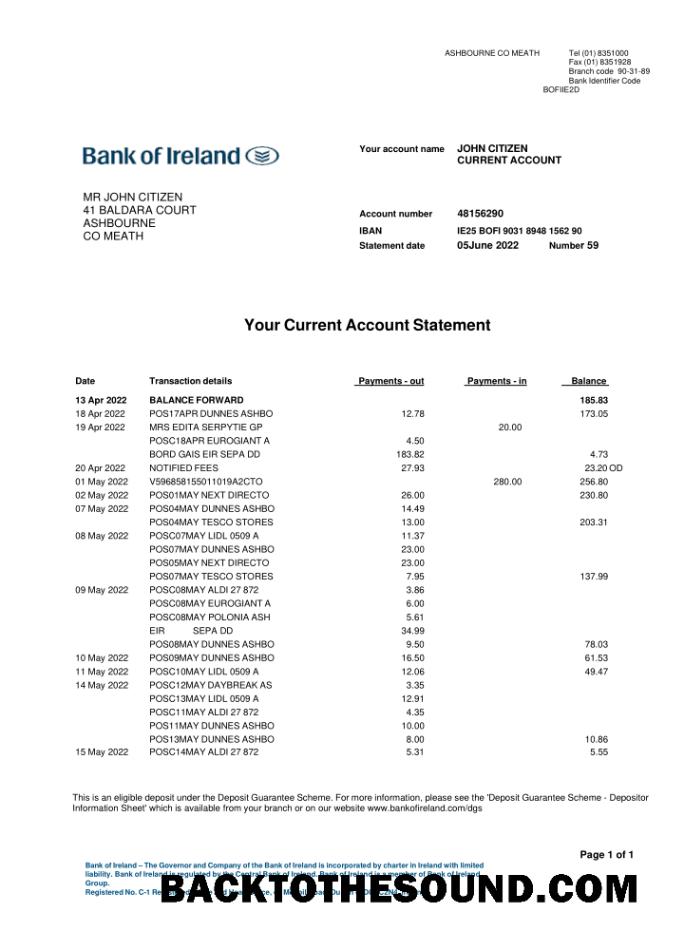 Gerçekçi İndir İrlanda Banka of İrlanda Banka Hesap Özeti Şablon, Word and PDF Format, 2 pages Örnek