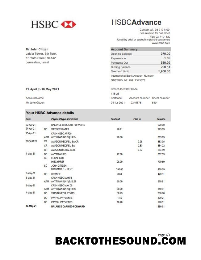 İndir İsrail HSBC Banka Hesap Özeti easy to fill in Excel and PDF Format Örnek ön izleme