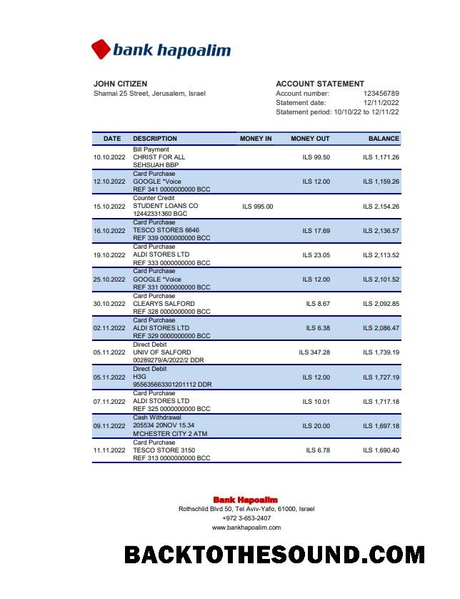 İndir İsrail Hapoalim Banka Hesap Özeti Excel and PDF Örnek örnek