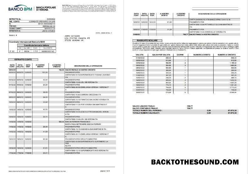 İndir İtalya Banco BPM Banka Hesap Özeti 8 pages Örnek şablon