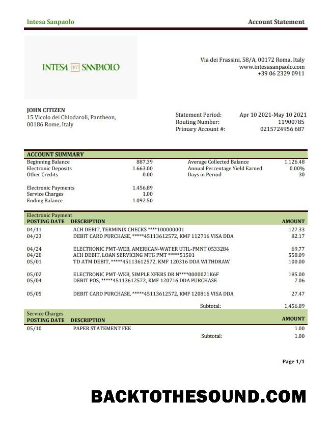İndir İtalya Intesa Sanpaolo Banka Hesap Özeti Örnek taslak