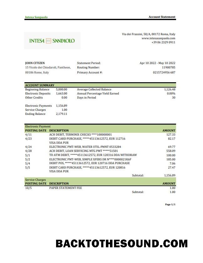 İndir İtalya Intesa Sanpaolo Banka Hesap Özeti XLS Örnek şablon