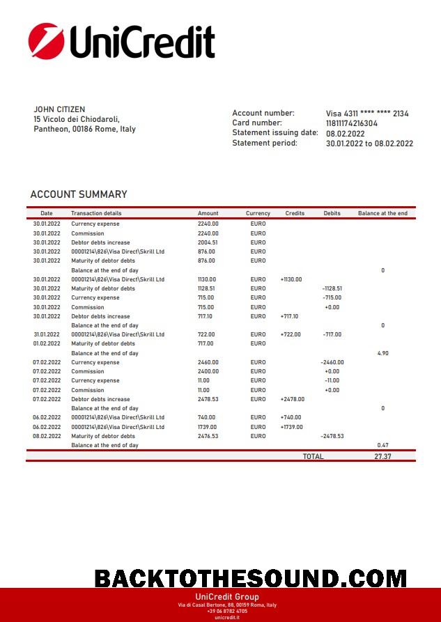 İndir İtalya Unicredit Banka Hesap Özeti Örnek tasarım