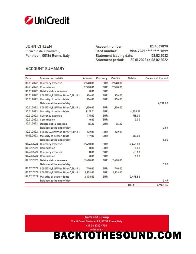 İndir İtalya Unicredit Banka Hesap Özeti XLS Örnek şablon