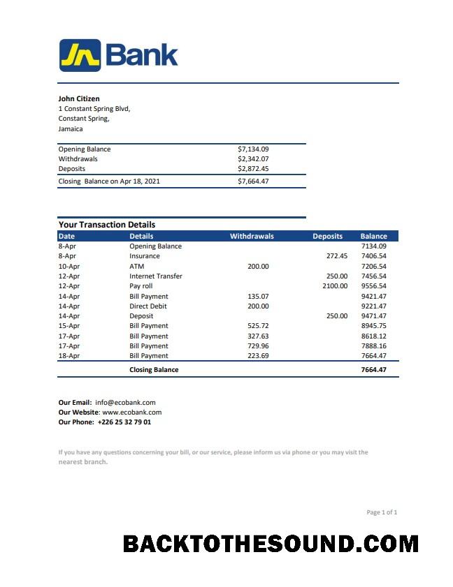 İndir Jamaika ulusal Banka Hesap Özeti easy to fill in .XLS and .PDF Dosya Format Örnek tasarım