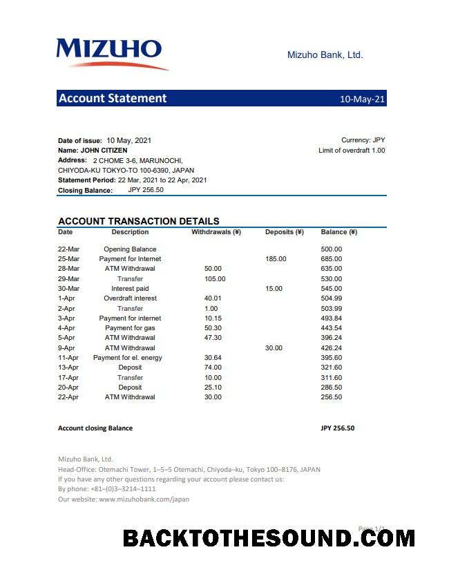 İndir Japonya Mizuho Banka Hesap Özeti in .XLS and .PDF Dosya Format Örnek ön izleme