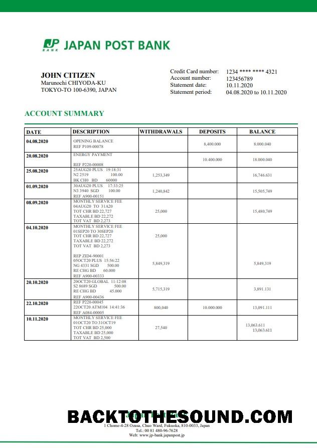 İndir Japonya Post Banka Hesap Özeti in Word and PDF Format, good for address prove Örnek tasarım