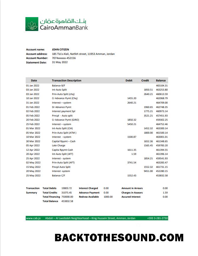 Premium İndir Ürdün Cairo Amman Banka Hesap Özeti Şablon, Excel and PDF Format Örnek