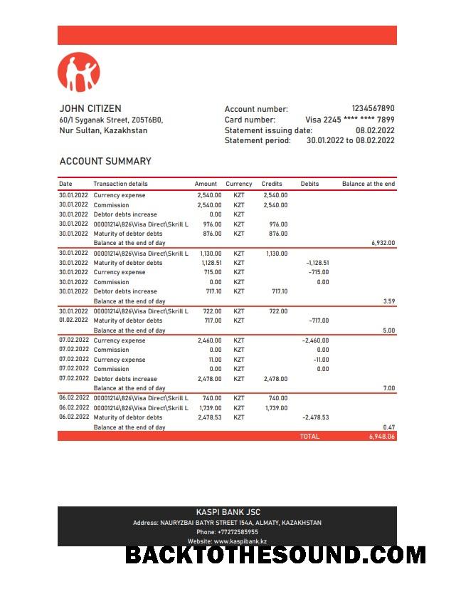 İndir Kazakistan Kaspi Banka Hesap Özeti XLS Örnek tasarım