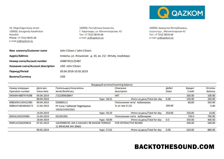 İndir Kazakistan Qazkom Banka proof of address Hesap Özeti in Word and PDF Format Örnek ön izleme