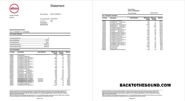 Premium İndir Kenya Absa Banka Hesap Özeti Word and PDF Şablon, 2 pages Örnek
