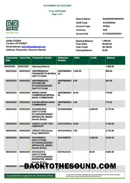 Gerçekçi İndir Kenya Co operative Banka Hesap Özeti Word and PDF Şablon, Sürüm 2 Örnek
