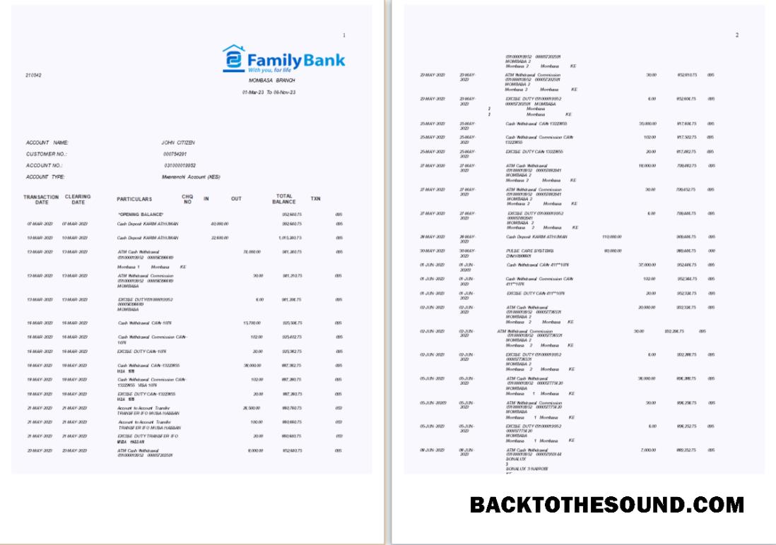 Gerçekçi İndir Kenya Family Banka Hesap Özeti Word and PDF Şablon, 7 pages Örnek