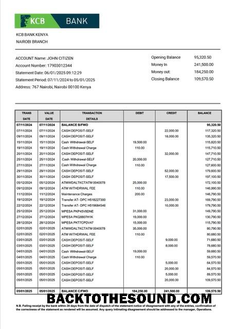 İndir Kenya KCB Banka Hesap Hesap Özeti Word and PDF Örnek tasarım