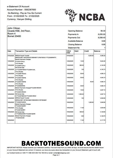 İndir Kenya NCBA Banka e Hesap Özeti of Hesap Word and PDF Örnek tasarım