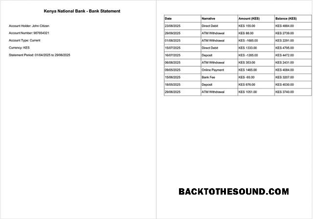 Düzenlenebilir İndir Kenya ulusal Banka Banka Hesap Özeti Word and PDF Şablon, 2 pages Örnek