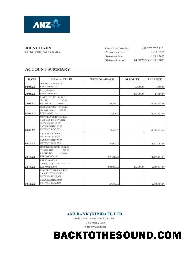 İndir Kiribati ANZ Banka Hesap Özeti XLS Örnek şablon