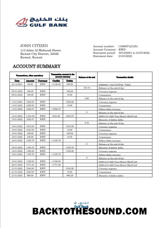 İndir Kuveyt Gulf Banka Hesap Özeti in Word and PDF Format Örnek tasarım