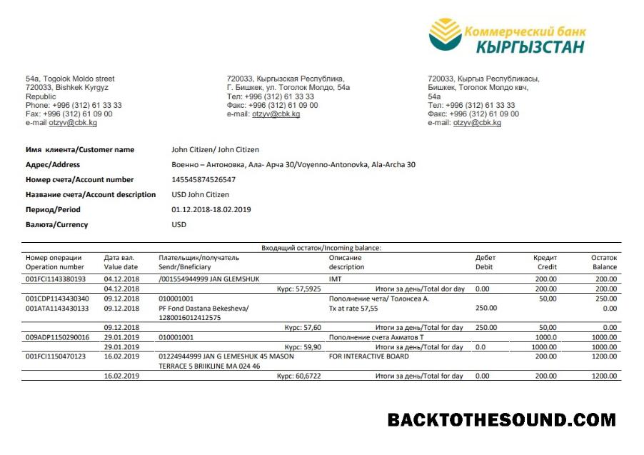 İndir Kırgızistan Kirgizbank proof of address Banka Hesap Özeti in Word and PDF Format Örnek taslak