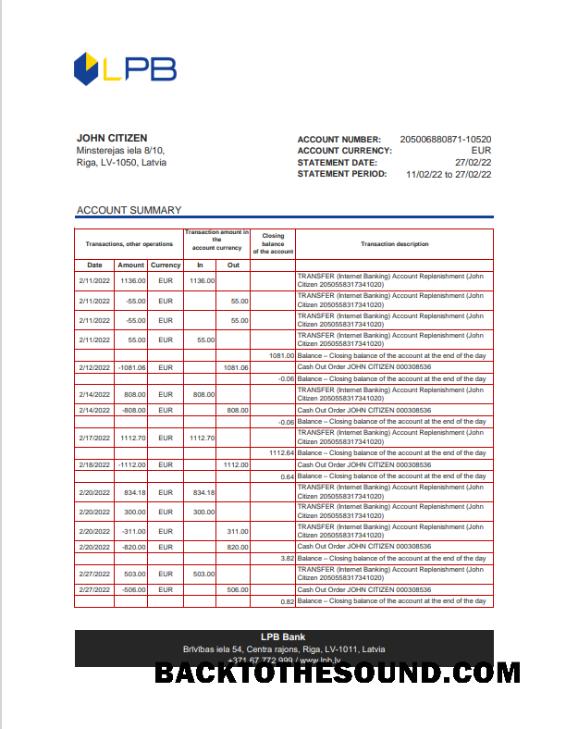 İndir Letonya LPB Banka Hesap Özeti Excel and PDF Örnek taslak