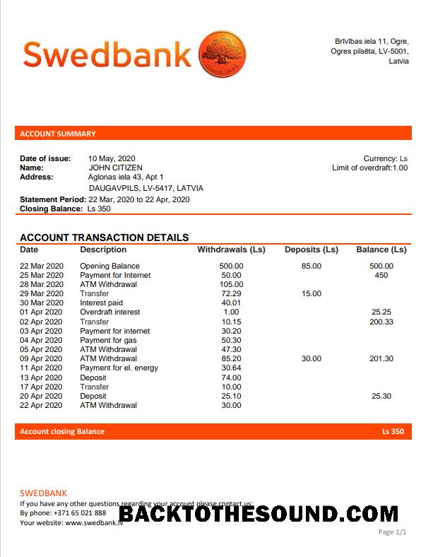 Premium İndir Letonya Swedbank Banka Hesap Özeti Şablon, Word and PDF Format (.doc and .PDF) Örnek