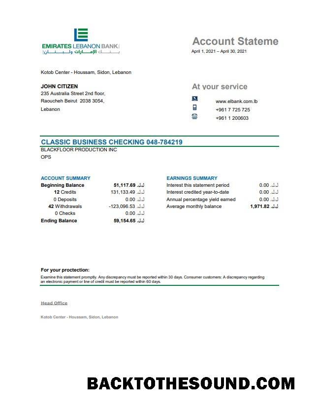 İndir Lübnan Emirates Lübnan Banka Hesap Özeti in Excel and PDF Format, good for address prove Örnek taslak