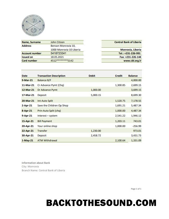 İndir Liberya Central Banka of Liberya Banka Hesap Özeti easy to fill in .XLS and .PDF Dosya Format Örnek tasarım