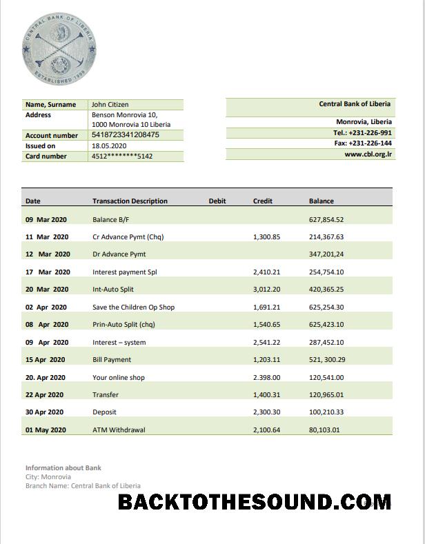 İndir Liberya Central Banka of Liberya Banka Hesap Özeti in Word and PDF Format Örnek şablon