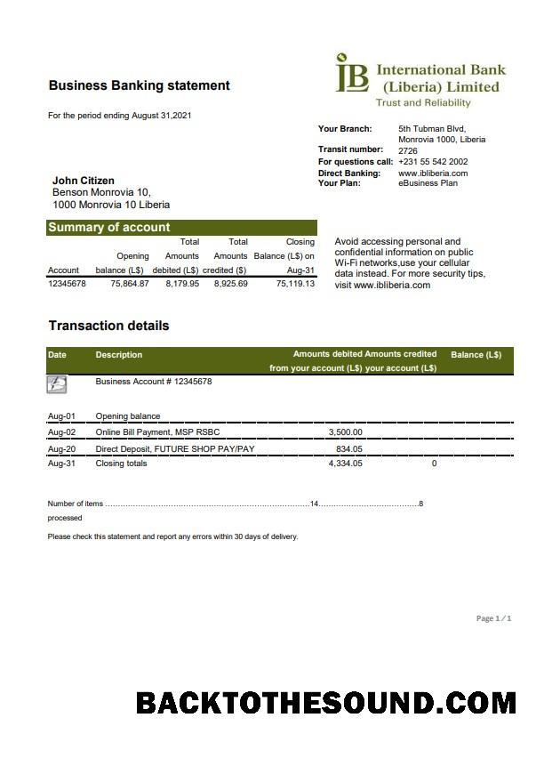 İndir Liberya IB uluslararası Banka Excel PDF Örnek taslak