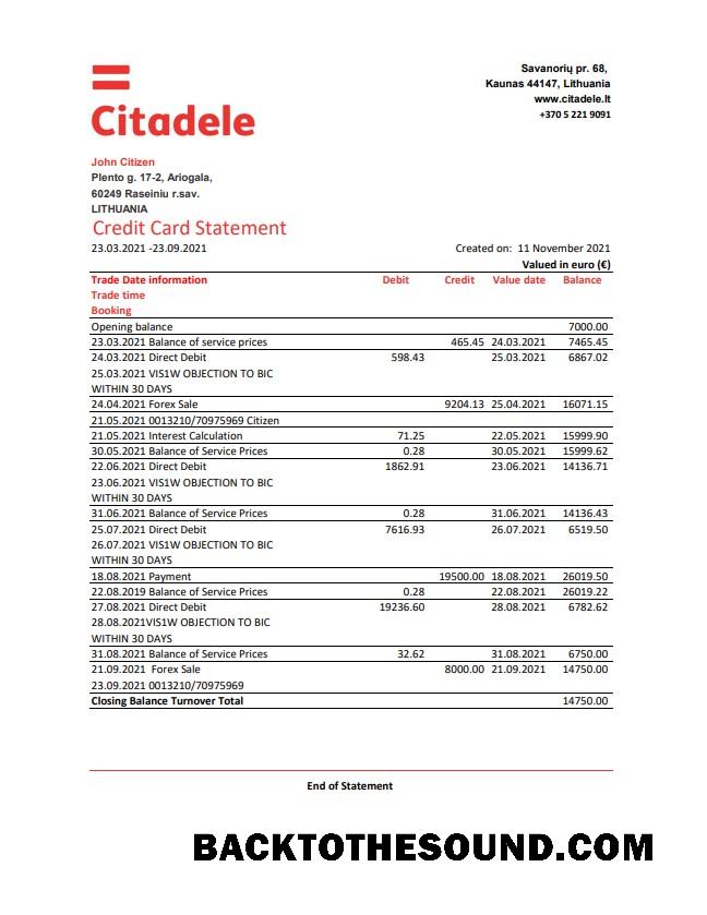 İndir Litvanya (Litva) Citadele Banka Kredi Kart Hesap Özeti in Excel and PDF Format Örnek şablon